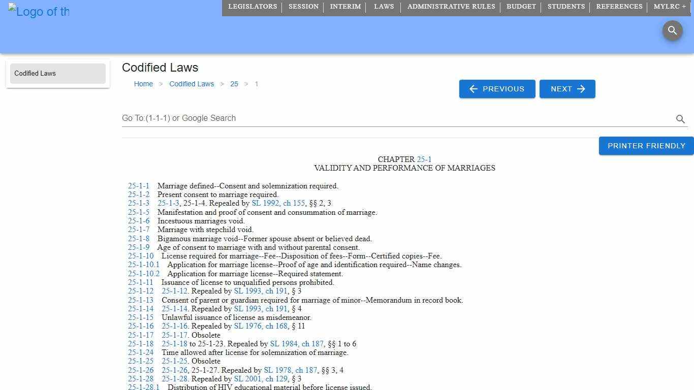 Codified Law 25-1 South Dakota Legislature